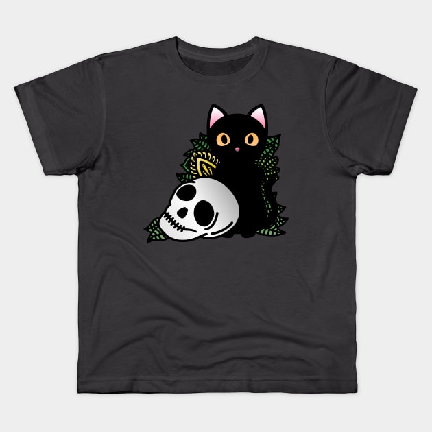 Skull and Black Cat Kids T-Shirt by Ratatosk